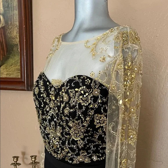 Vintage Eureka Black and Gold Embroidered Long Sleeve Dress.  Sz 10 - Picture 9 of 11